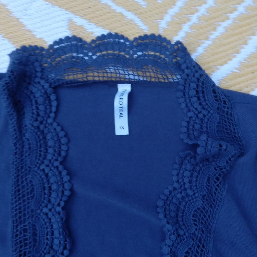 Slate blue gray tunic length cardigan sweater Women's Plus 1X Crochet Boho